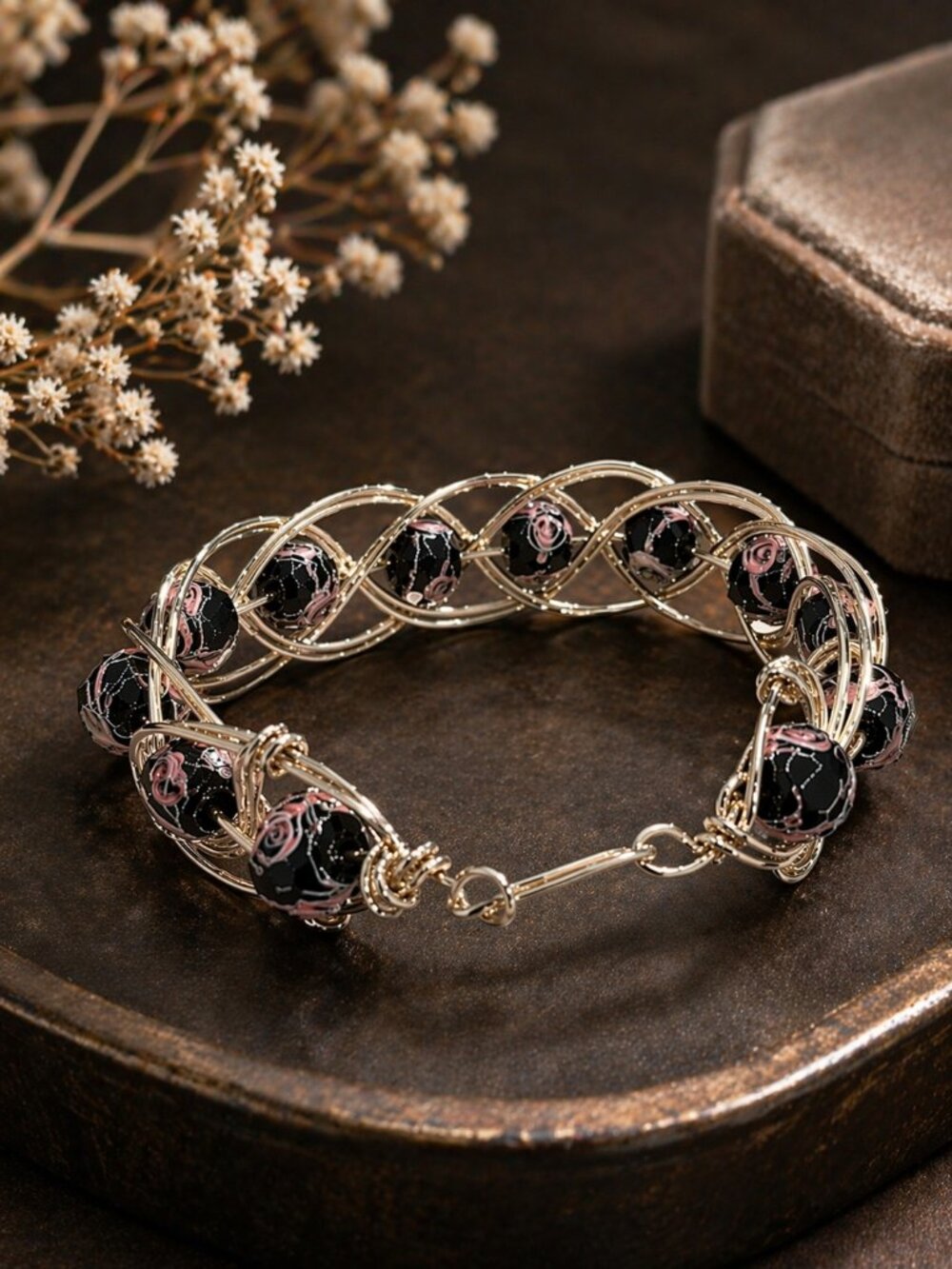 Champagne Gold Tone Braided Wire Bracelet with Purple Crystal Beads